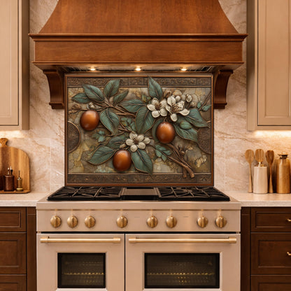 Botanical Lemon Tempered Glass Backsplash, Copper Look Citrus Fruit Wall Panel, Custom Size