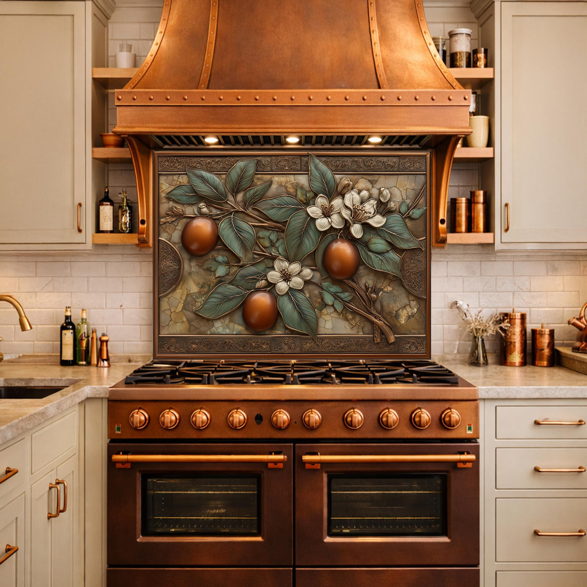 Botanical Lemon Tempered Glass Backsplash, Copper Look Citrus Fruit Wall Panel, Custom Size