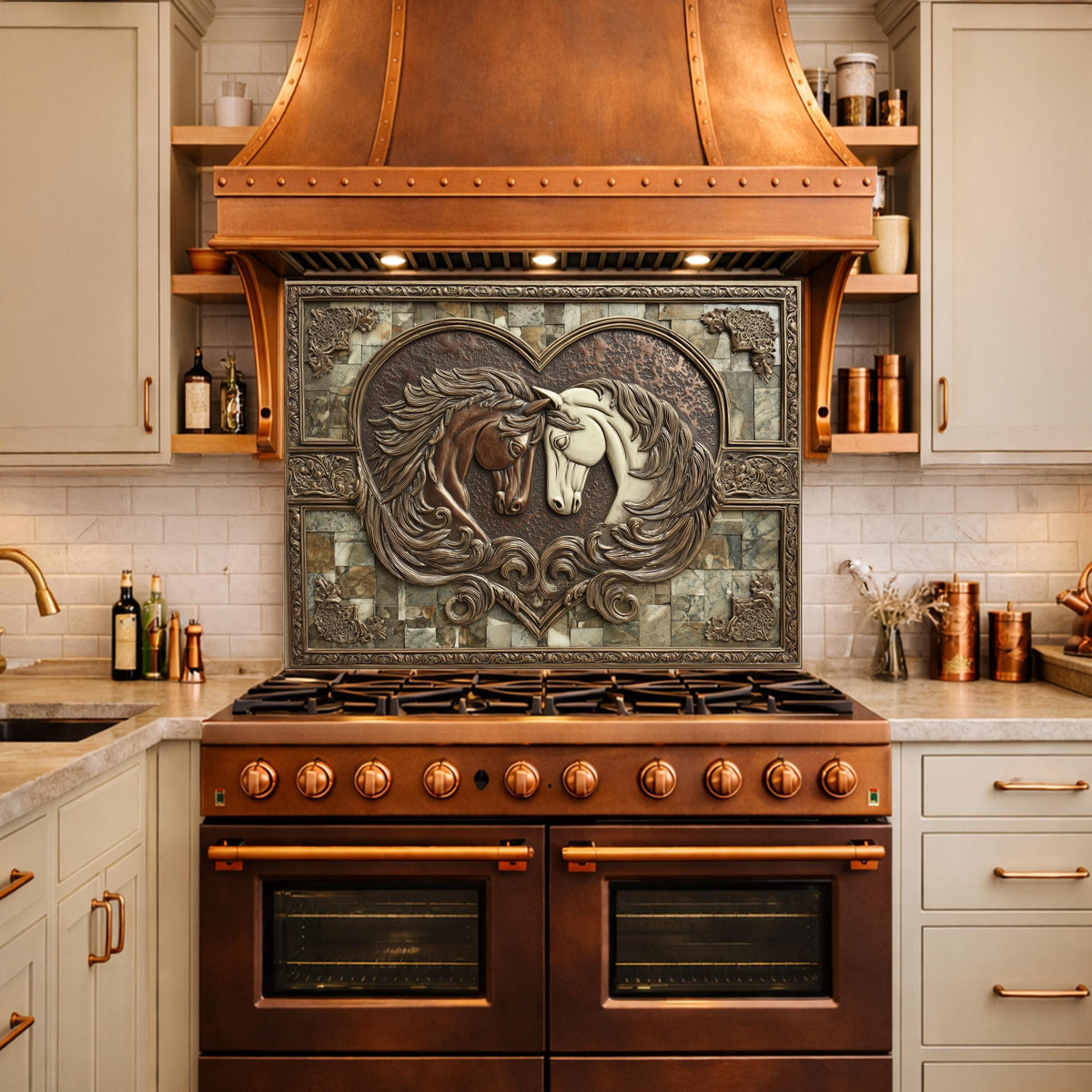 Loving Horses Tempered Glass Backsplash, Copper Look Heart Horse Wall Panel, Custom Size