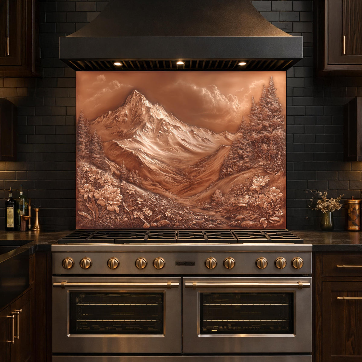 Majestic Mountain Peaks Backsplash, Copper Look Alpine Landscape Wall Panel, Custom Size