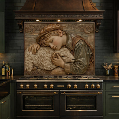 Shepherd Boy Tempered Glass Backsplash, Rustic Farm Art Panel, Lamb Shepherd Kitchen Wall Decor