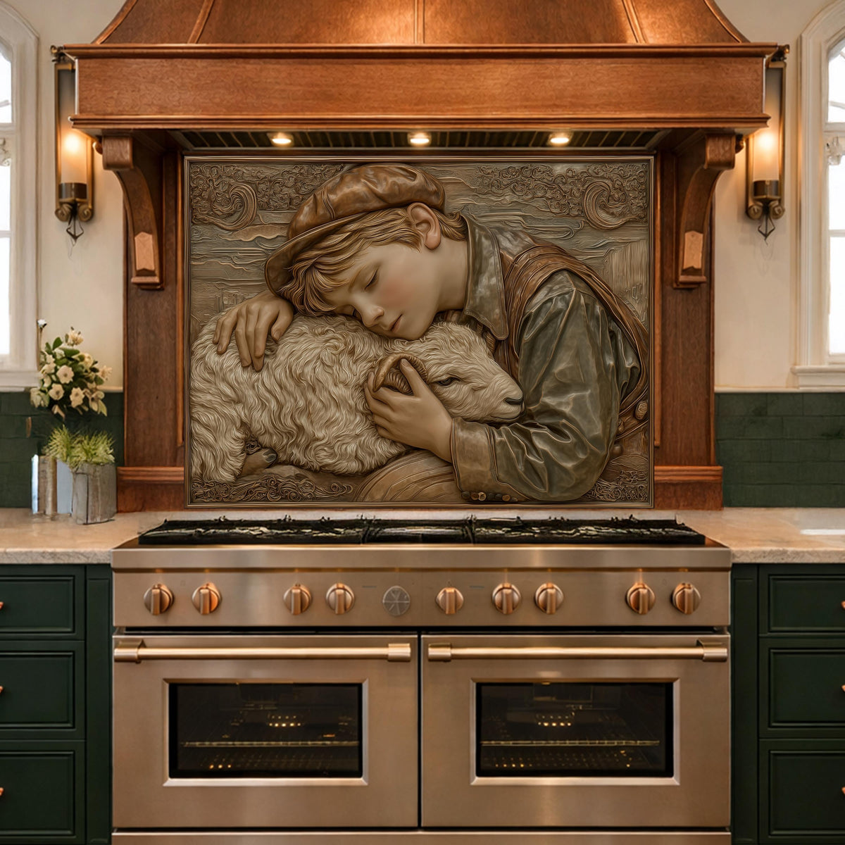 Shepherd Boy Tempered Glass Backsplash, Rustic Farm Art Panel, Lamb Shepherd Kitchen Wall Decor