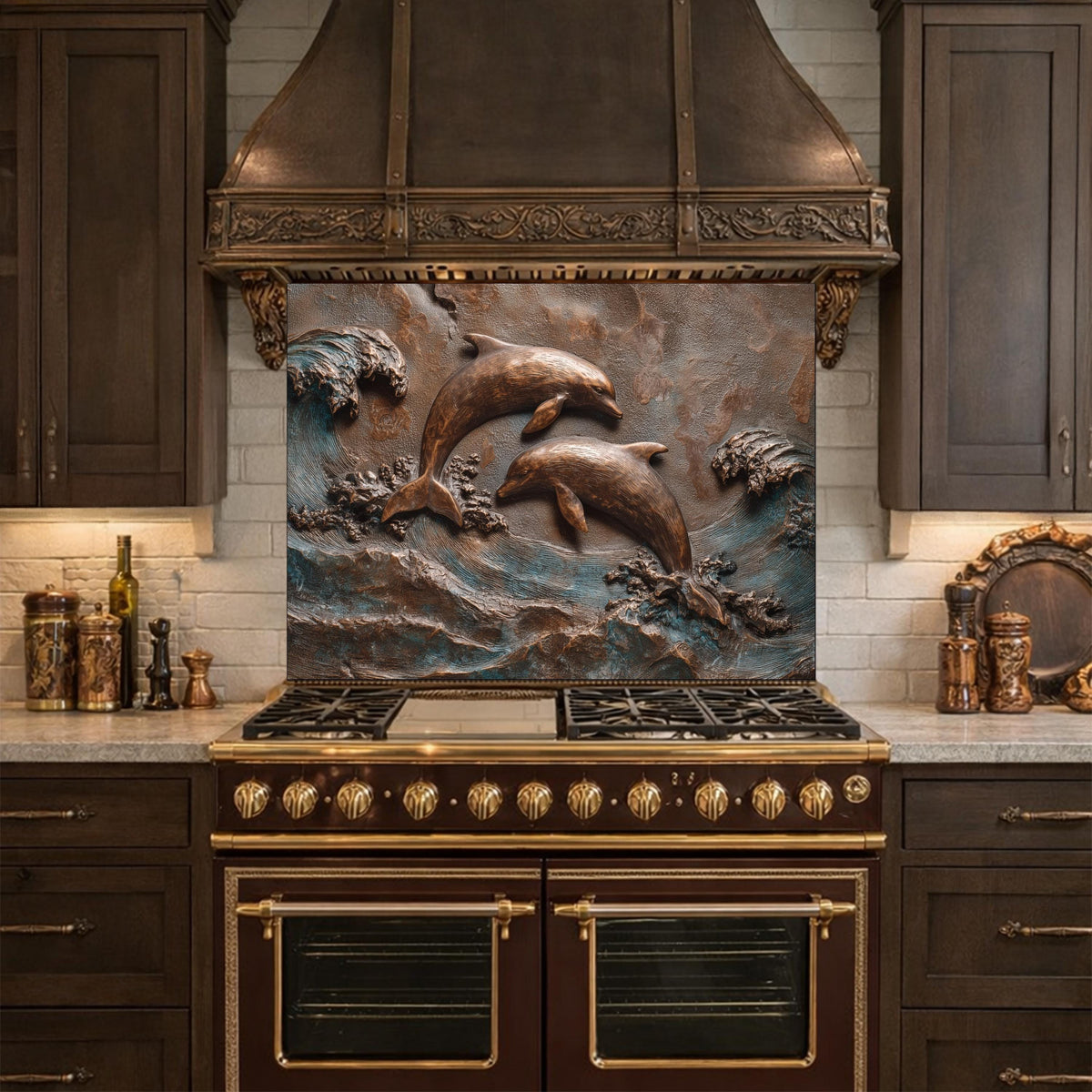 Dolphin Tempered Glass Backsplash, Coastal Ocean Wave Kitchen Panel, Bronze Marine Wall Art Decor