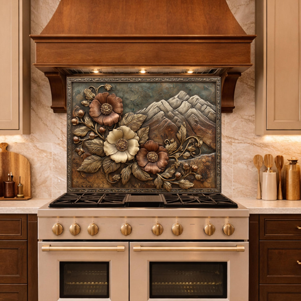 Alpine Peak Blossoms Backsplash, Copper Look Mountain and Flower Wall Panel, Custom Size