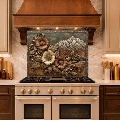 Alpine Peak Blossoms Backsplash, Copper Look Mountain and Flower Wall Panel, Custom Size