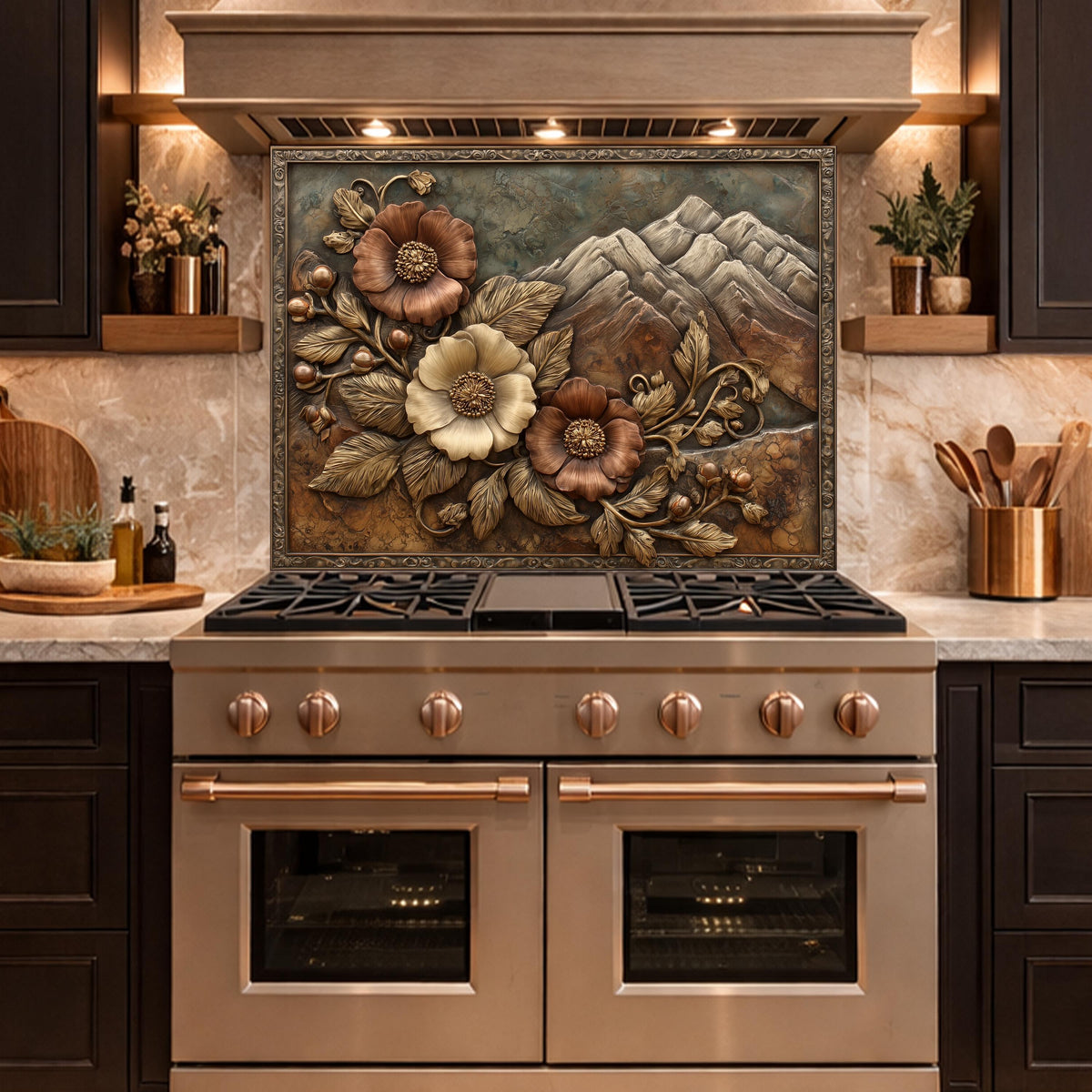 Alpine Peak Blossoms Backsplash, Copper Look Mountain and Flower Wall Panel, Custom Size