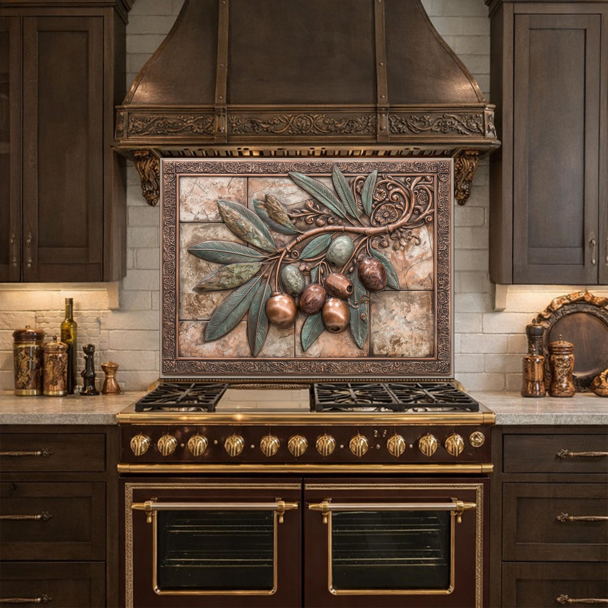 Rustic Olive Branch Backsplash, Copper Look Fruit Wall Panel, Mediterranean Kitchen Decor, Custom Size