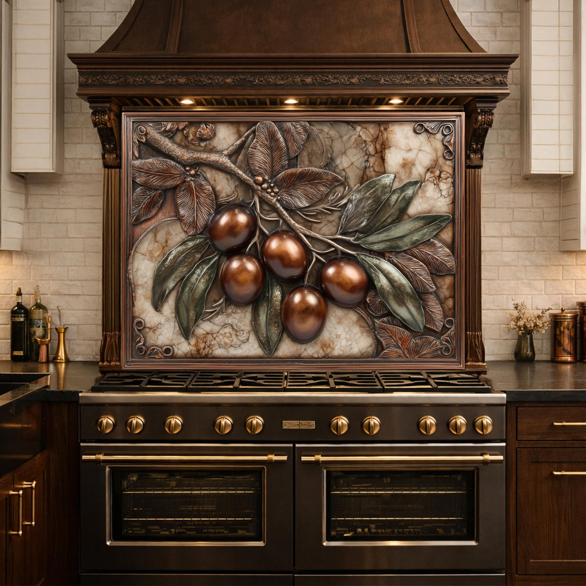 Olive Branch Backsplash, Copper Look Fruit Wall Panel, Marble Texture Art, Custom Size