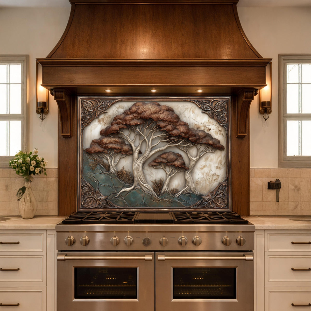Majestic Oak Trees Backsplash, Copper Look Nature Wall Panel, Rustic Forest Decor, Custom Size