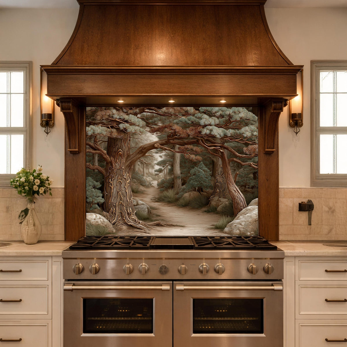 Mystic Forest Path Backsplash, Copper Look Ancient Trees Wall Panel, Nature Decor, Custom Size