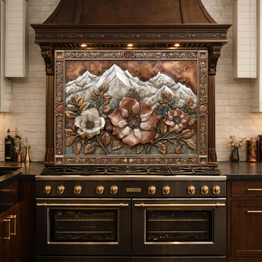 Alpine Peak Blossoms Backsplash, Copper Look Mountain and Flower Wall Panel, Custom Size