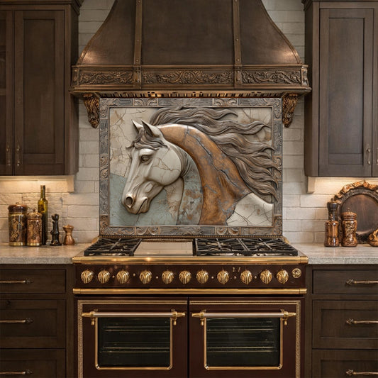 May include: A kitchen range with a dark brown finish and gold accents. Above the range is a decorative tile with a relief of a horse's head. The kitchen cabinets are dark brown.