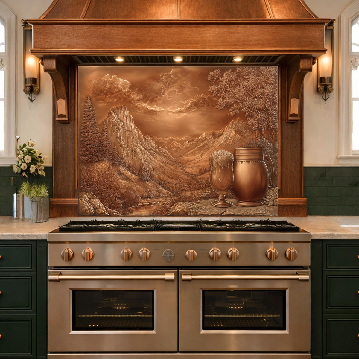 May include: A copper-toned kitchen backsplash featuring a mountain landscape scene with a beer glass and pitcher. The backsplash is mounted above a stainless steel range with a wooden range hood.