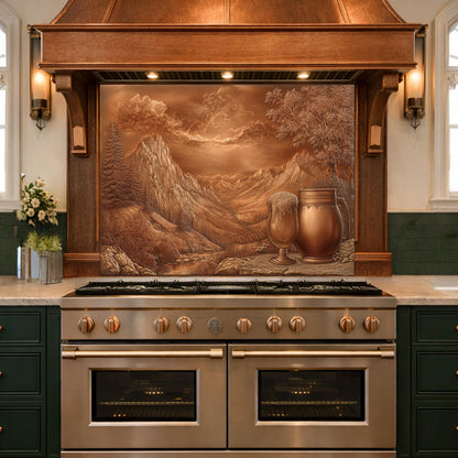 May include: A copper-toned kitchen backsplash featuring a mountain landscape scene with a beer glass and pitcher. The backsplash is mounted above a stainless steel range with a wooden range hood.