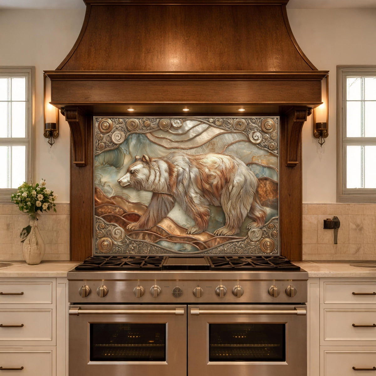 May include: A kitchen backsplash featuring a detailed relief sculpture of a bear in shades of brown, white, and gray. The artwork is set within a decorative frame and mounted above a stainless steel range.