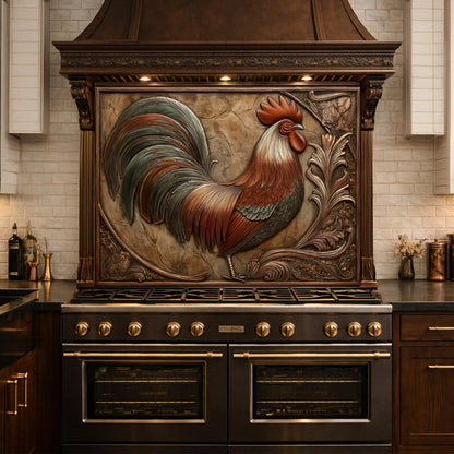 Rustic Copper Rooster Backsplash, Farmhouse Style Wall Panel, Custom Size Stove Guard