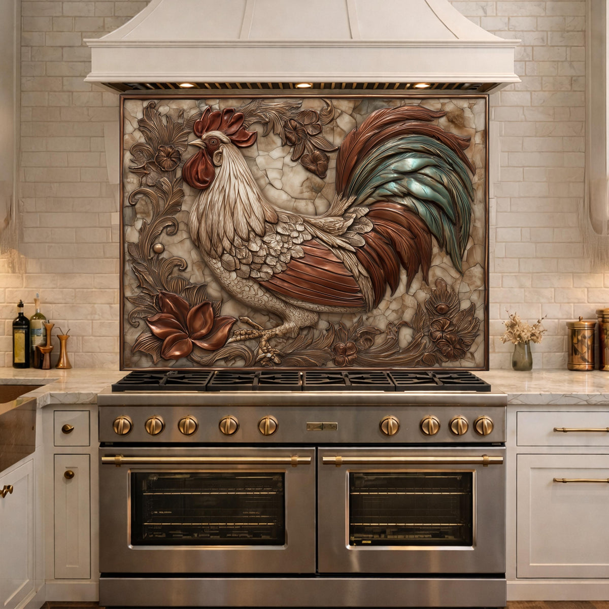 Rustic Rooster with Floral Accents Backsplash, Copper Relief Wall Panel, Custom Size Stove Guard