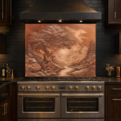 Majestic Twisted Tree Tempered Glass Backsplash, Copper Relief Look Wall Panel, Stove Guard
