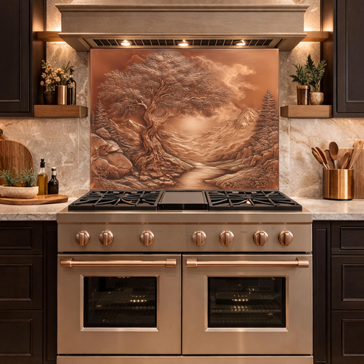 Majestic Twisted Tree Tempered Glass Backsplash, Copper Relief Look Wall Panel, Stove Guard