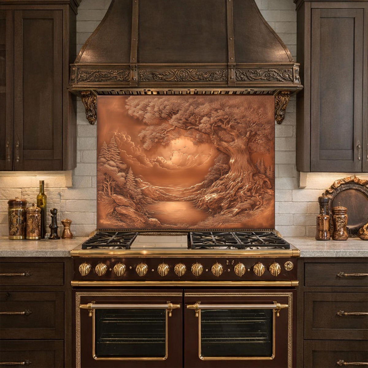 Ancient Tree & Morning Mist Tempered Glass Backsplash, Copper Relief Look Wall Panel, Stove Guard