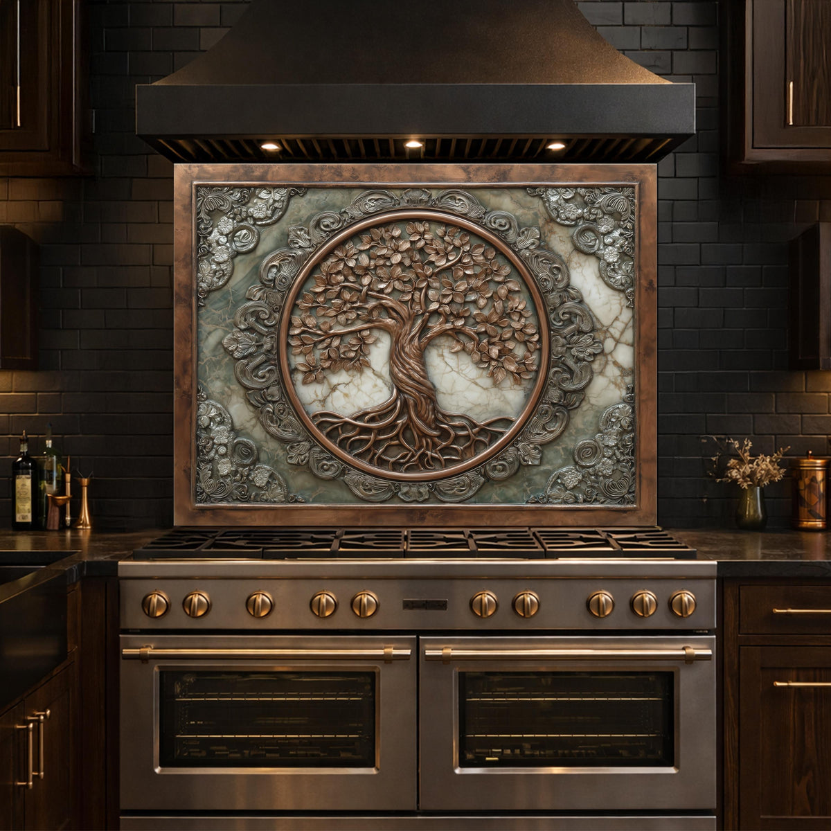 Ornate Tree of Life Tempered Glass Backsplash, Copper Relief Look Wall Panel, Stove Guard