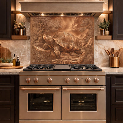 Ancient Tortoise in Nature Tempered Glass Backsplash, Copper Relief Look Wall Panel, Stove Guard