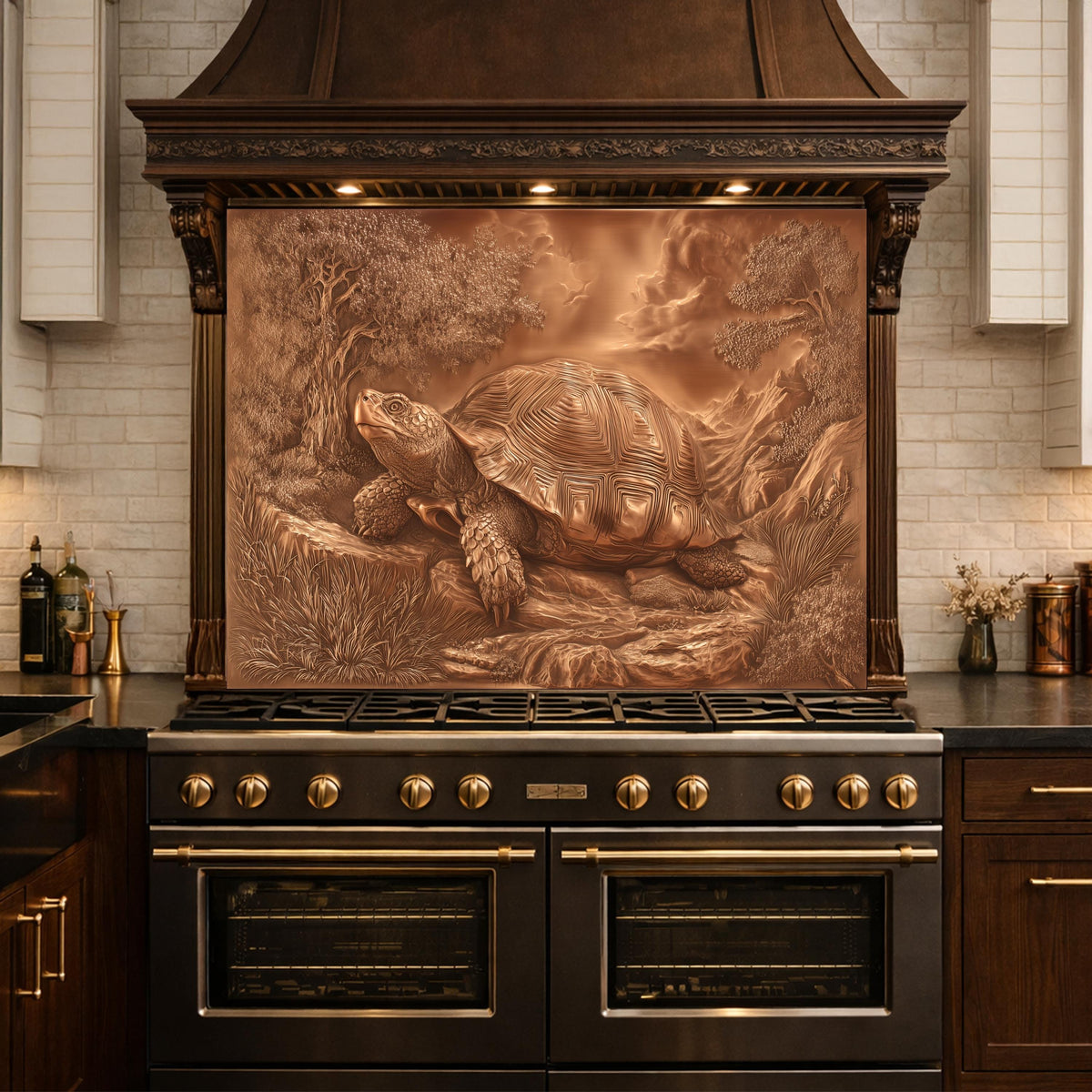 Ancient Tortoise in Nature Tempered Glass Backsplash, Copper Relief Look Wall Panel, Stove Guard
