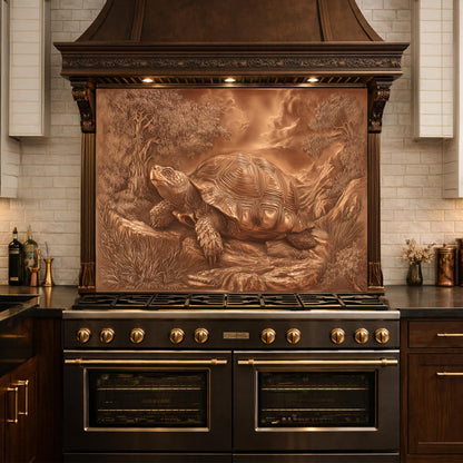Ancient Tortoise in Nature Tempered Glass Backsplash, Copper Relief Look Wall Panel, Stove Guard