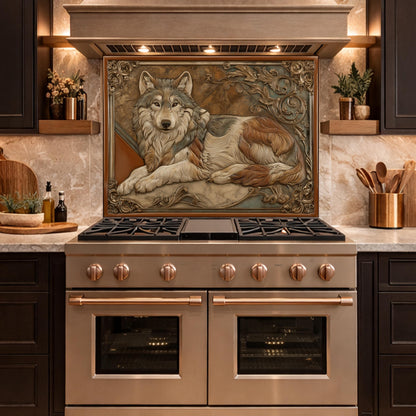 Noble Wolf & Filigree Scroll Tempered Glass Backsplash, Copper Relief Look Wall Panel, Stove Guard