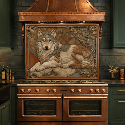 Noble Wolf & Filigree Scroll Tempered Glass Backsplash, Copper Relief Look Wall Panel, Stove Guard