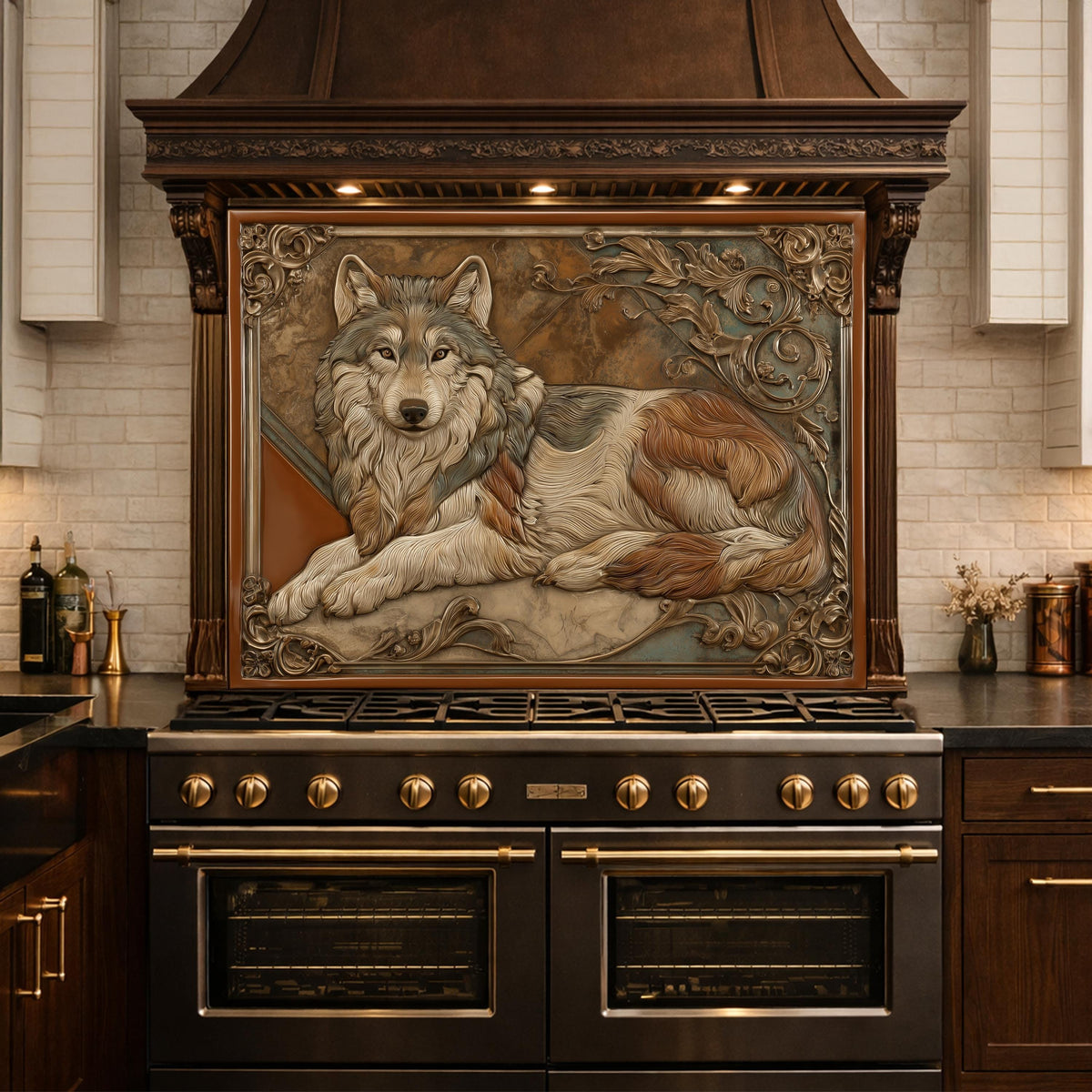 Noble Wolf & Filigree Scroll Tempered Glass Backsplash, Copper Relief Look Wall Panel, Stove Guard