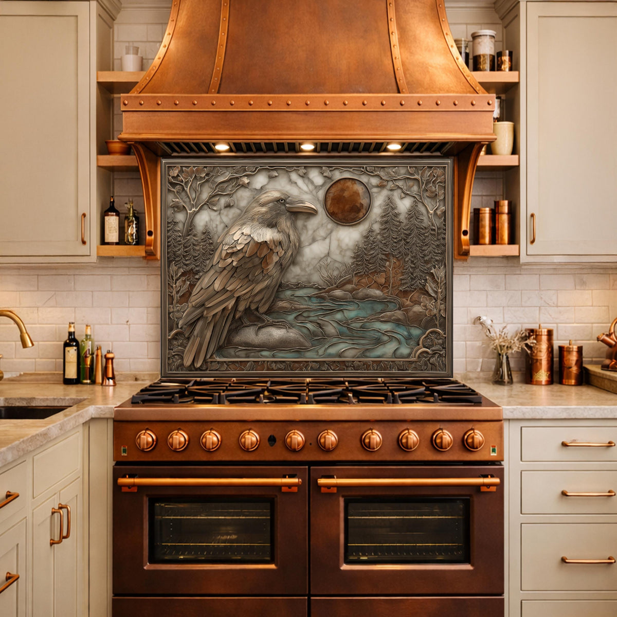 Mythical Raven & Forest River Tempered Glass Backsplash, Copper Relief Look Wall Panel, Stove Guard