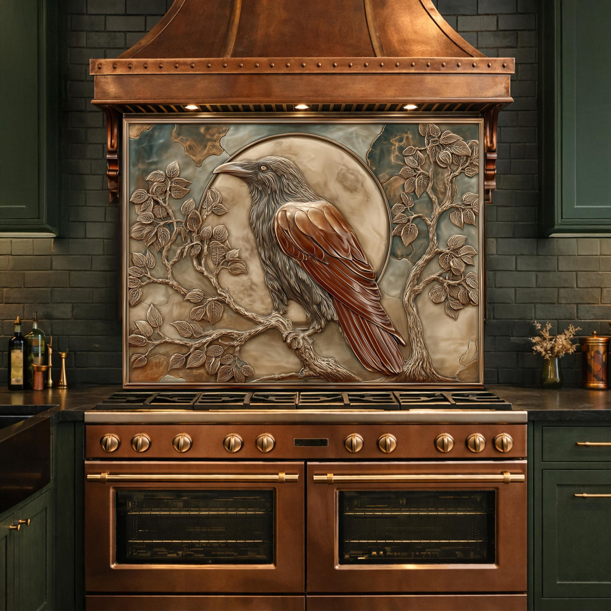 Mythical Raven & Full Moon Tempered Glass Backsplash, Copper Relief Look Wall Panel, Stove Guard