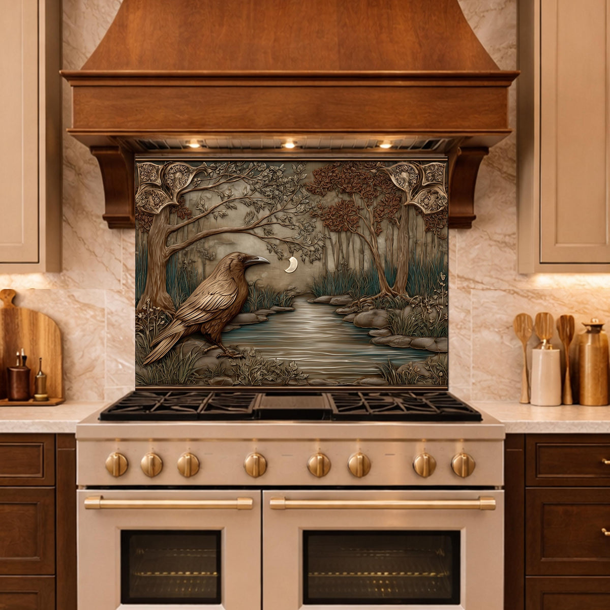 Tempered Glass Backsplash, Mythical Raven Forest Scene, Copper Relief Look Wall Panel