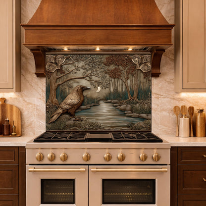 Tempered Glass Backsplash, Mythical Raven Forest Scene, Copper Relief Look Wall Panel
