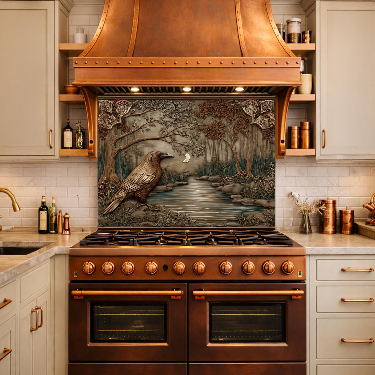 Tempered Glass Backsplash, Mythical Raven Forest Scene, Copper Relief Look Wall Panel
