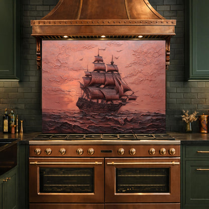 Maritime Sailing Ship Tempered Glass Backsplash, Copper Relief Look Wall Panel, Stove Guard
