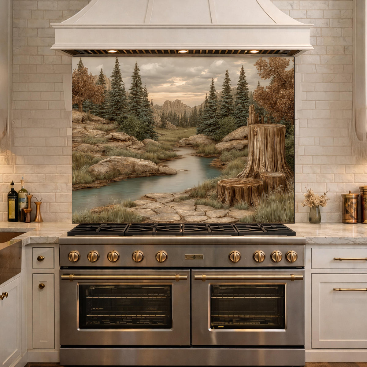 Mountain Wilderness Tempered Glass Backsplash, Copper Relief Look Wall Panel, Stove Guard