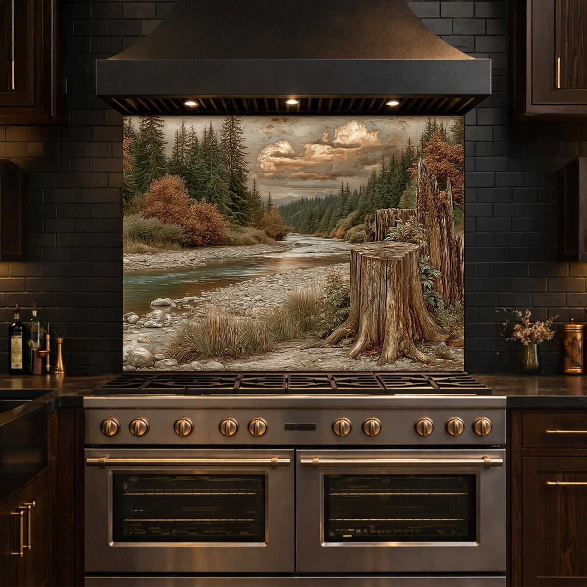 Mountain River Landscape Tempered Glass Backsplash, Copper Relief Look Wall Panel, Stove Guard