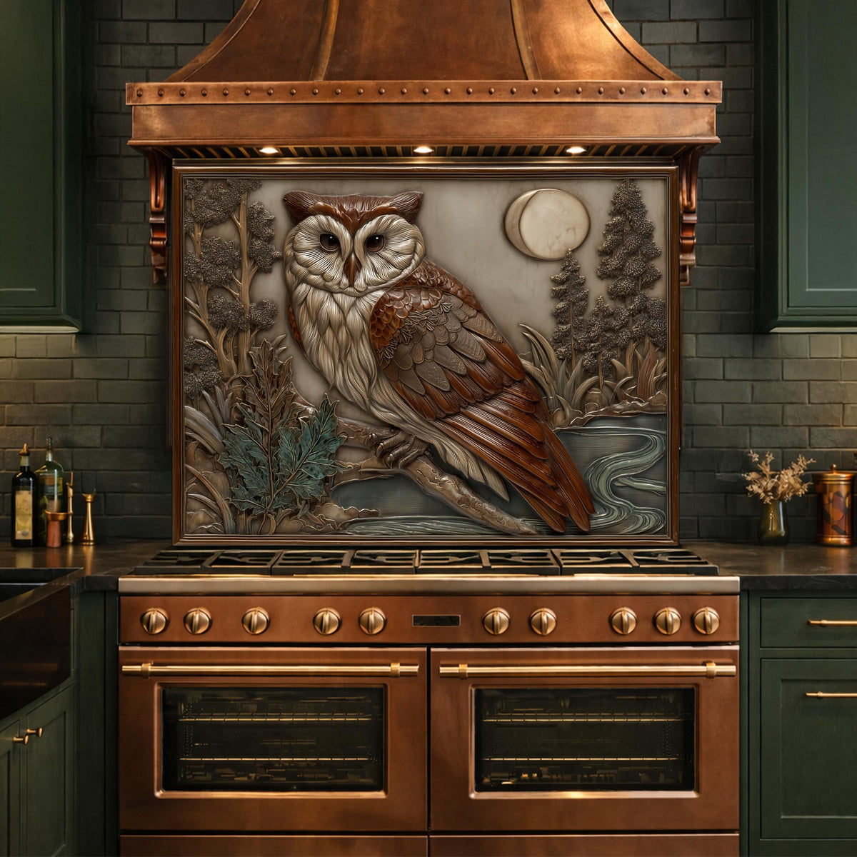 Moonlit Owl and Forest Tempered Glass Backsplash, Copper Relief Look Wall Panel