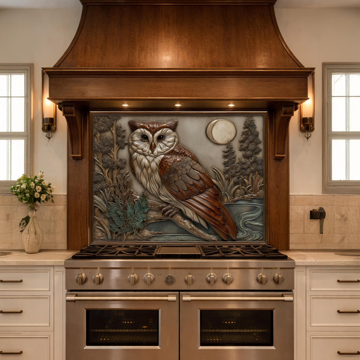 Moonlit Owl and Forest Tempered Glass Backsplash, Copper Relief Look Wall Panel