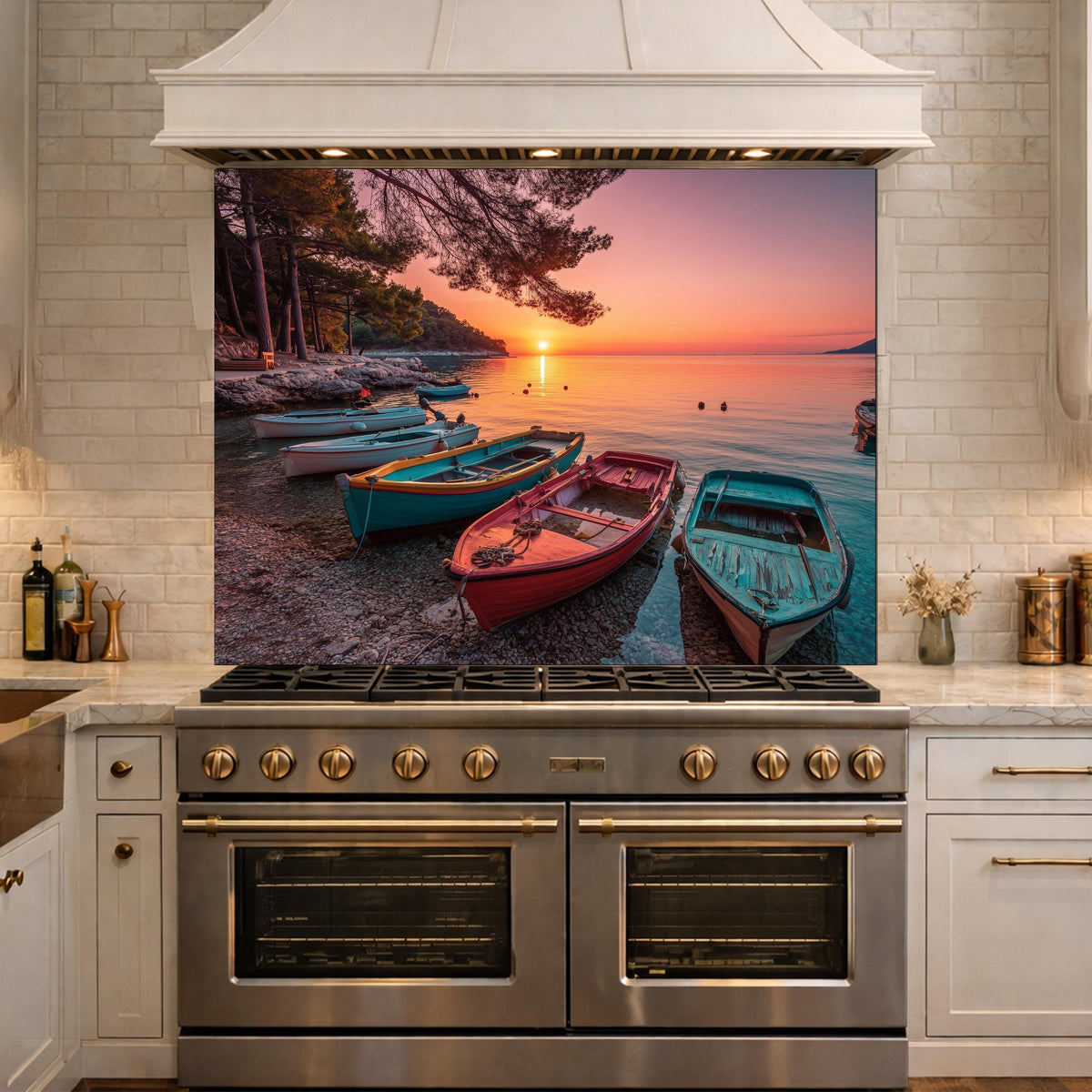 Colorful Boats at Sunset Tempered Glass Backsplash, Coastal Landscape Wall Art