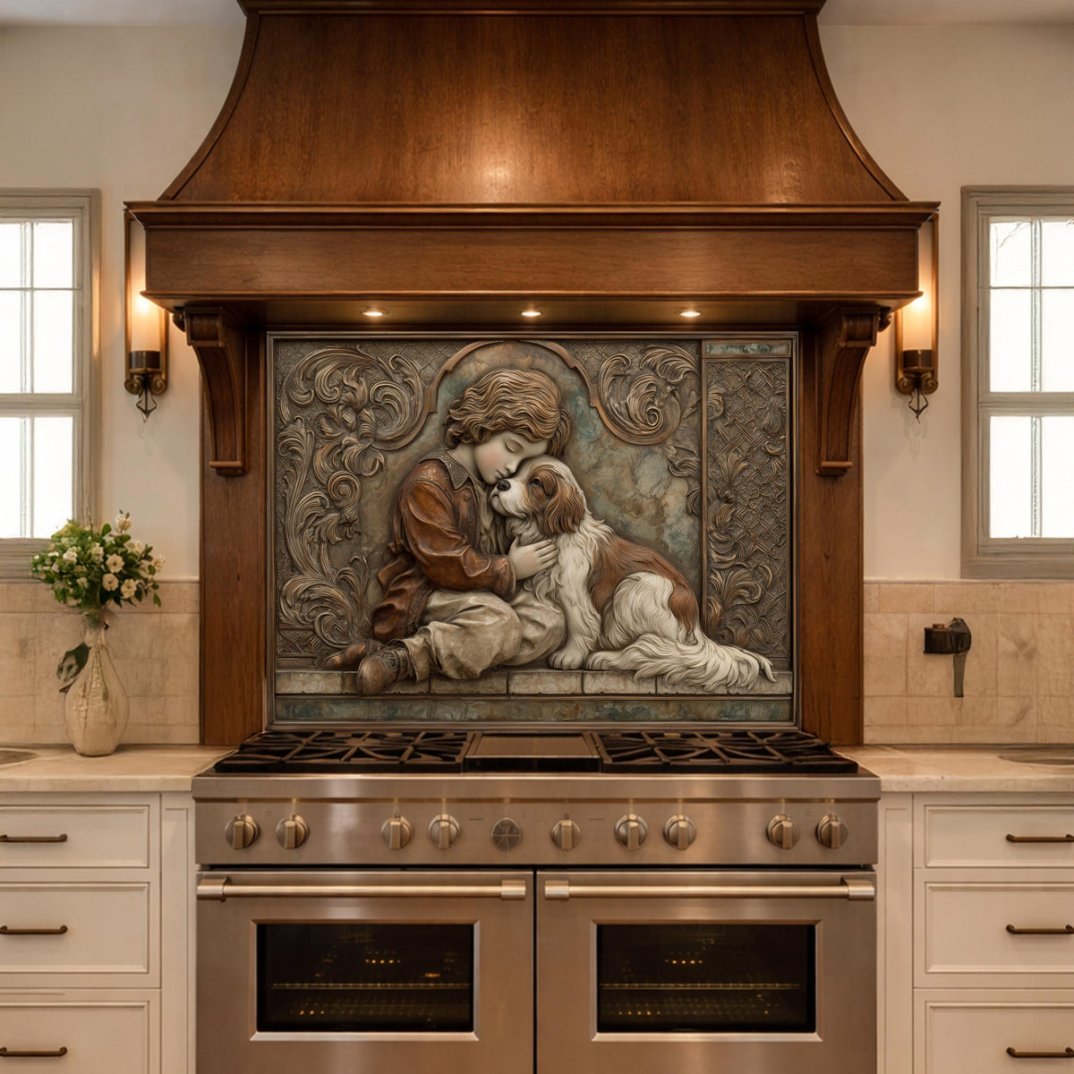 Young Boy and Spaniel Tempered Glass Backsplash, Copper Relief Look Wall Panel, Stove Guard