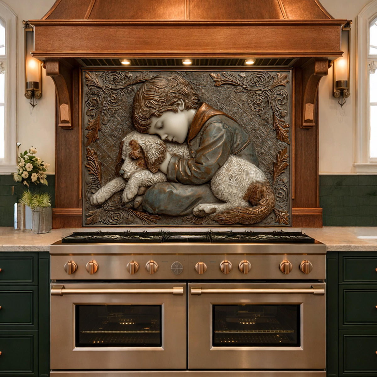 Young Boy and Puppy Tempered Glass Backsplash, Copper Relief Look Wall Panel, Stove Guard