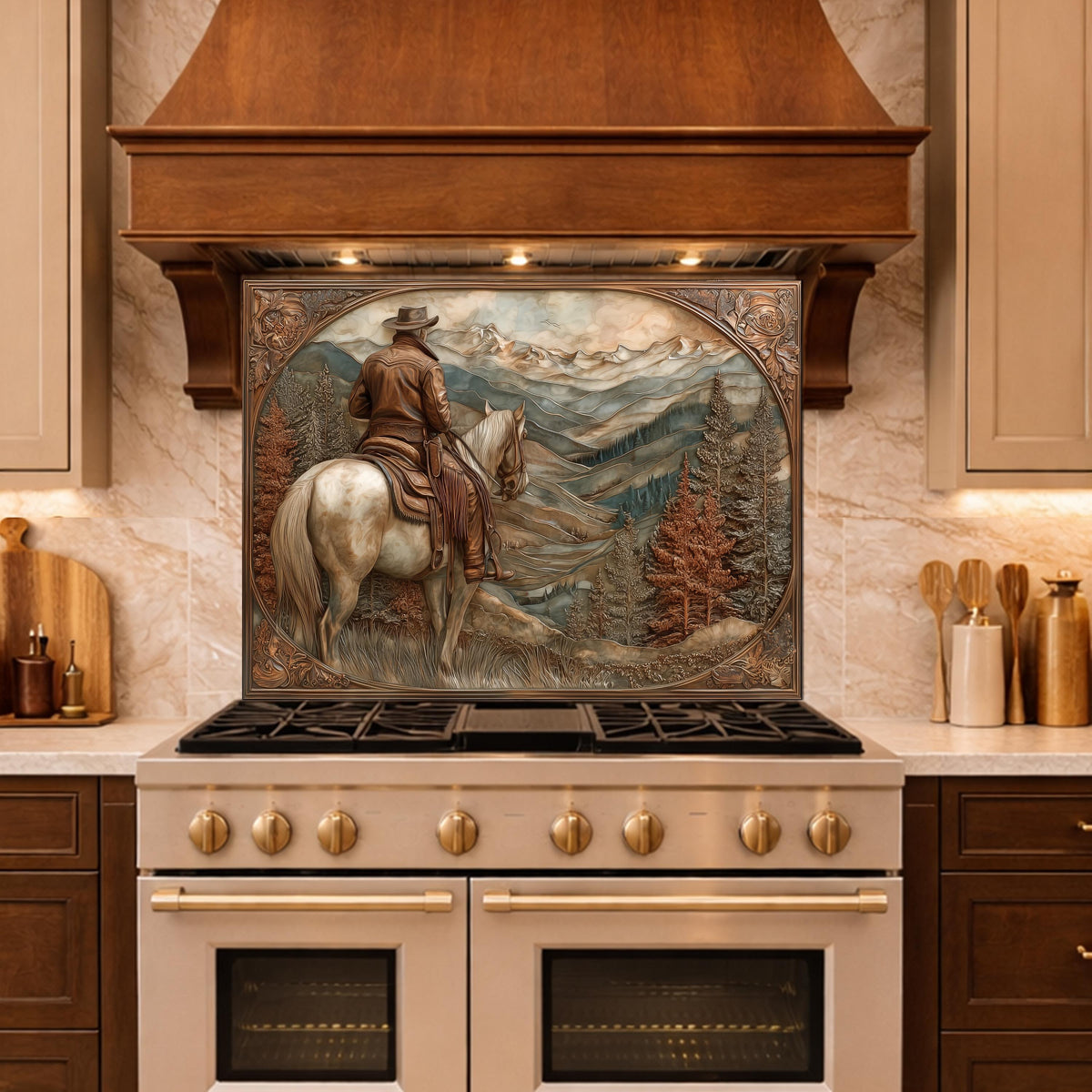 Mountain Ridge Cowboy Tempered Glass Backsplash, Copper Relief Look Wall Panel, Stove Guard