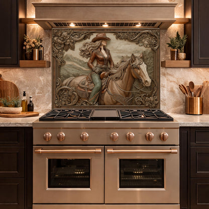 Graceful Cowgirl and Horse Tempered Glass Backsplash, Copper Relief Look Wall Panel, Stove Guard