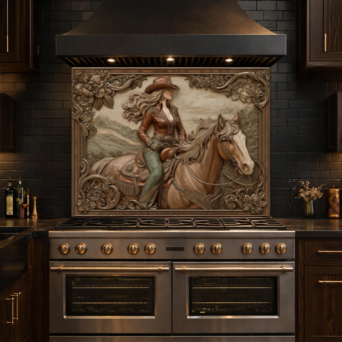Graceful Cowgirl and Horse Tempered Glass Backsplash, Copper Relief Look Wall Panel, Stove Guard