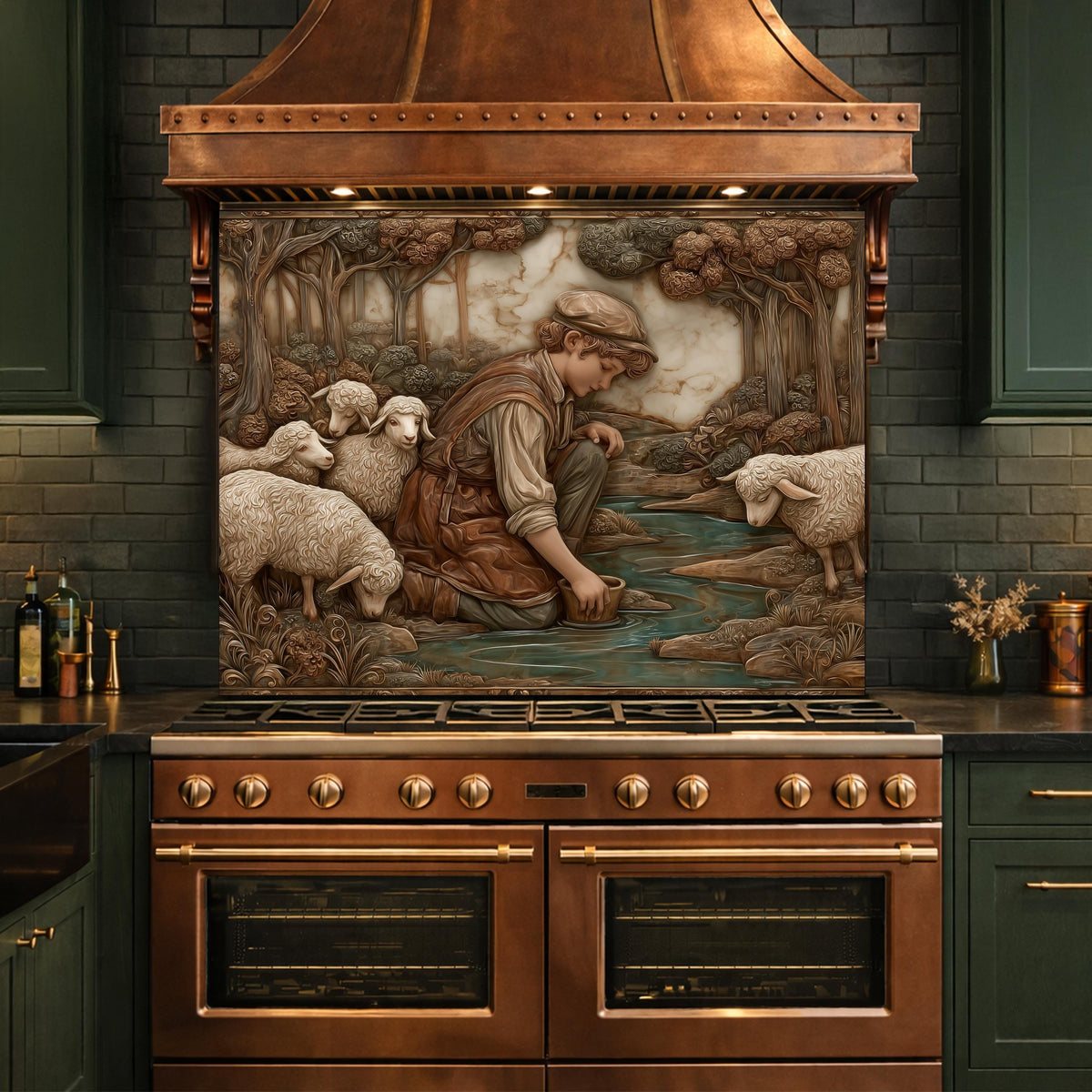 Shephard and Sheep Copper Backsplash, Tempered Glass Stove Backsplash