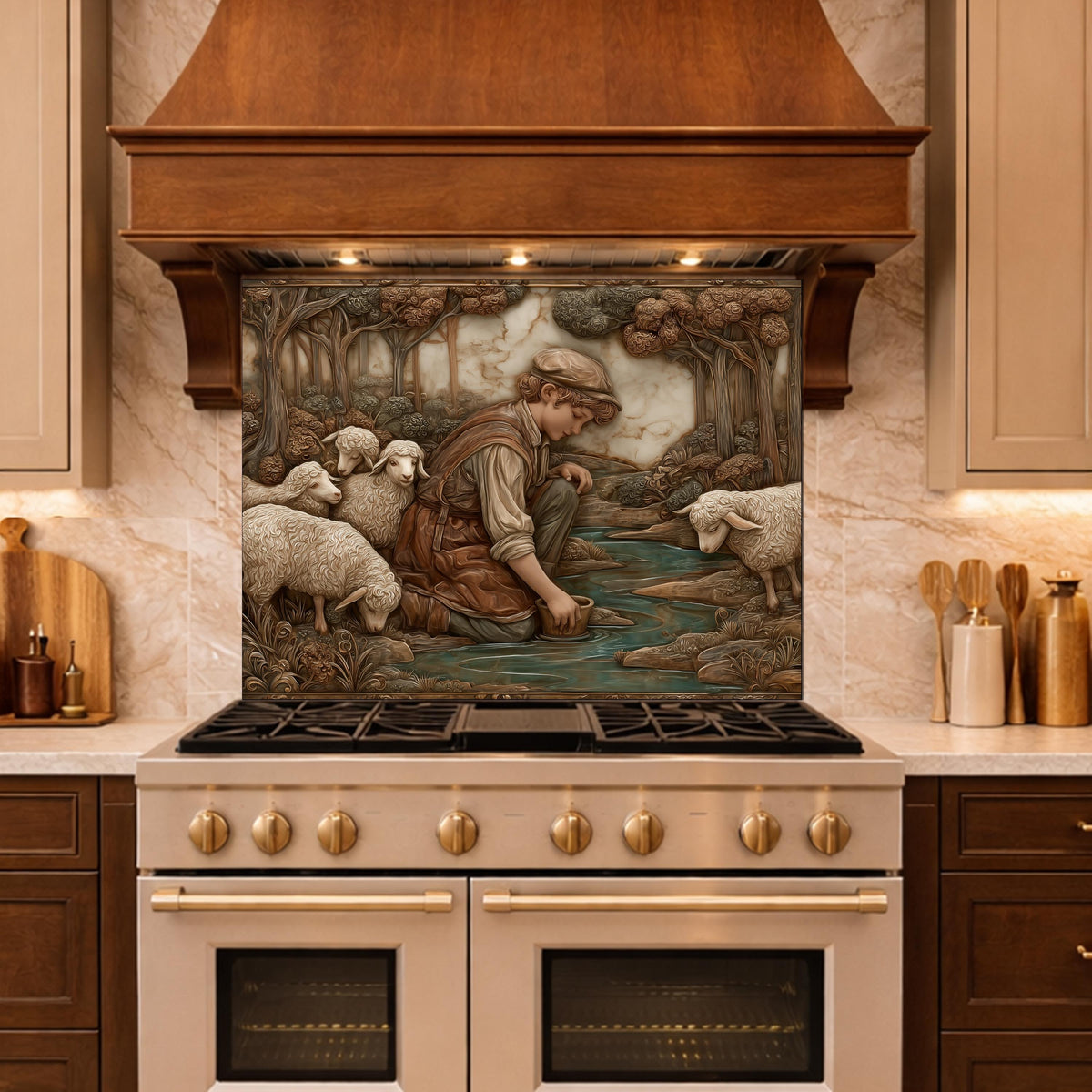 Shephard and Sheep Copper Backsplash, Tempered Glass Stove Backsplash