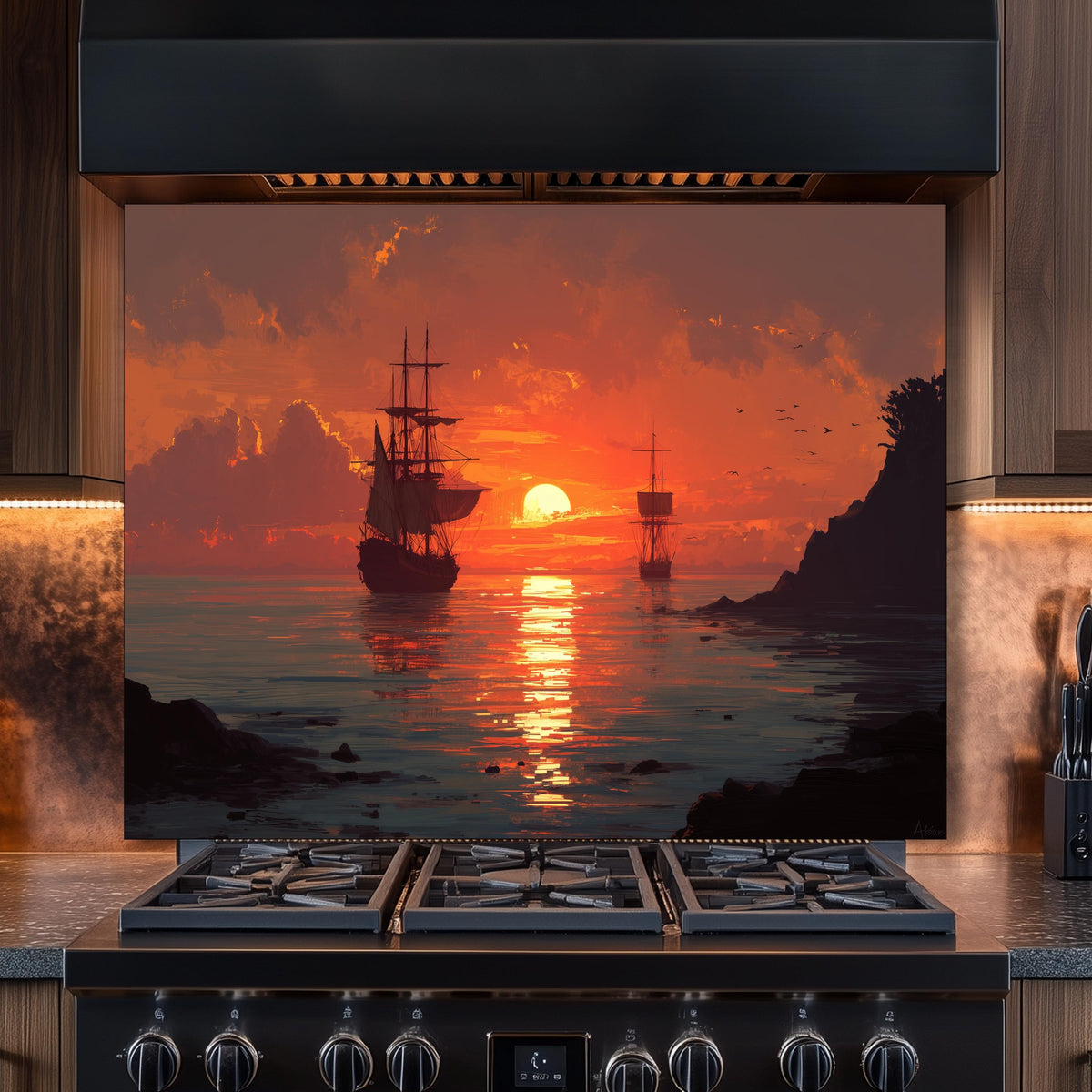 Ocean Sunset and Sailing Ships Tempered Glass Backsplash, Painterly Seascape Wall Panel, Stove Guard